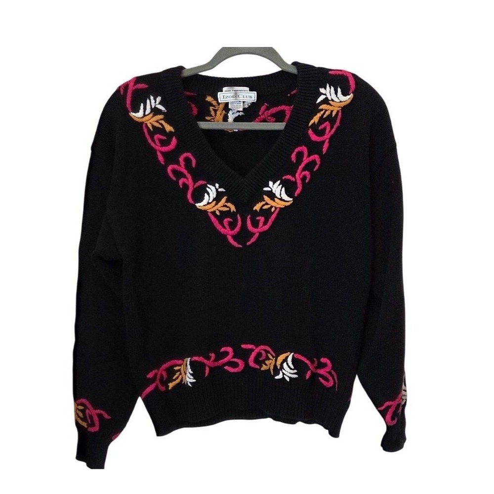 Izod Club Sweater Cotton Intarsia V-Neck Relaxed Black Pink Vintage 80-90s Large